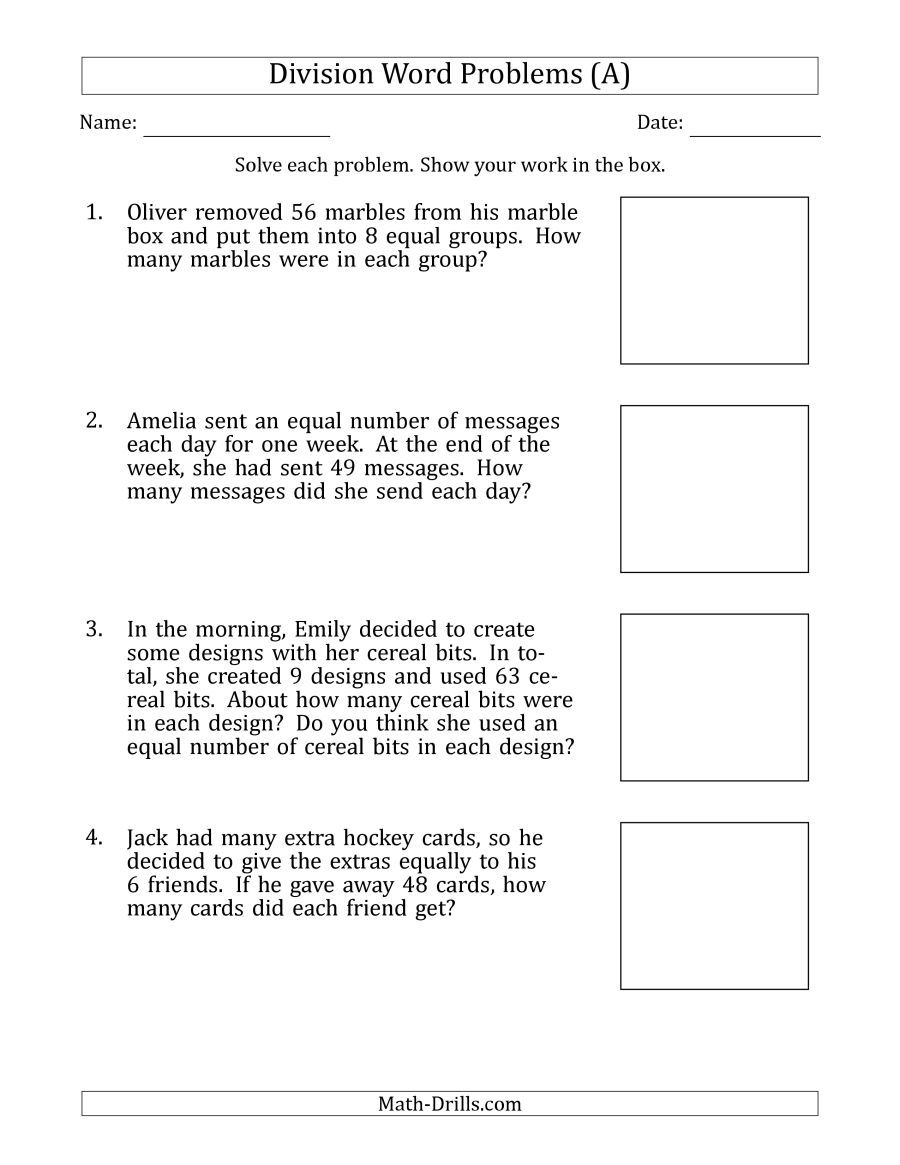 20 Grade 3 Math Worksheets Word Problems Division